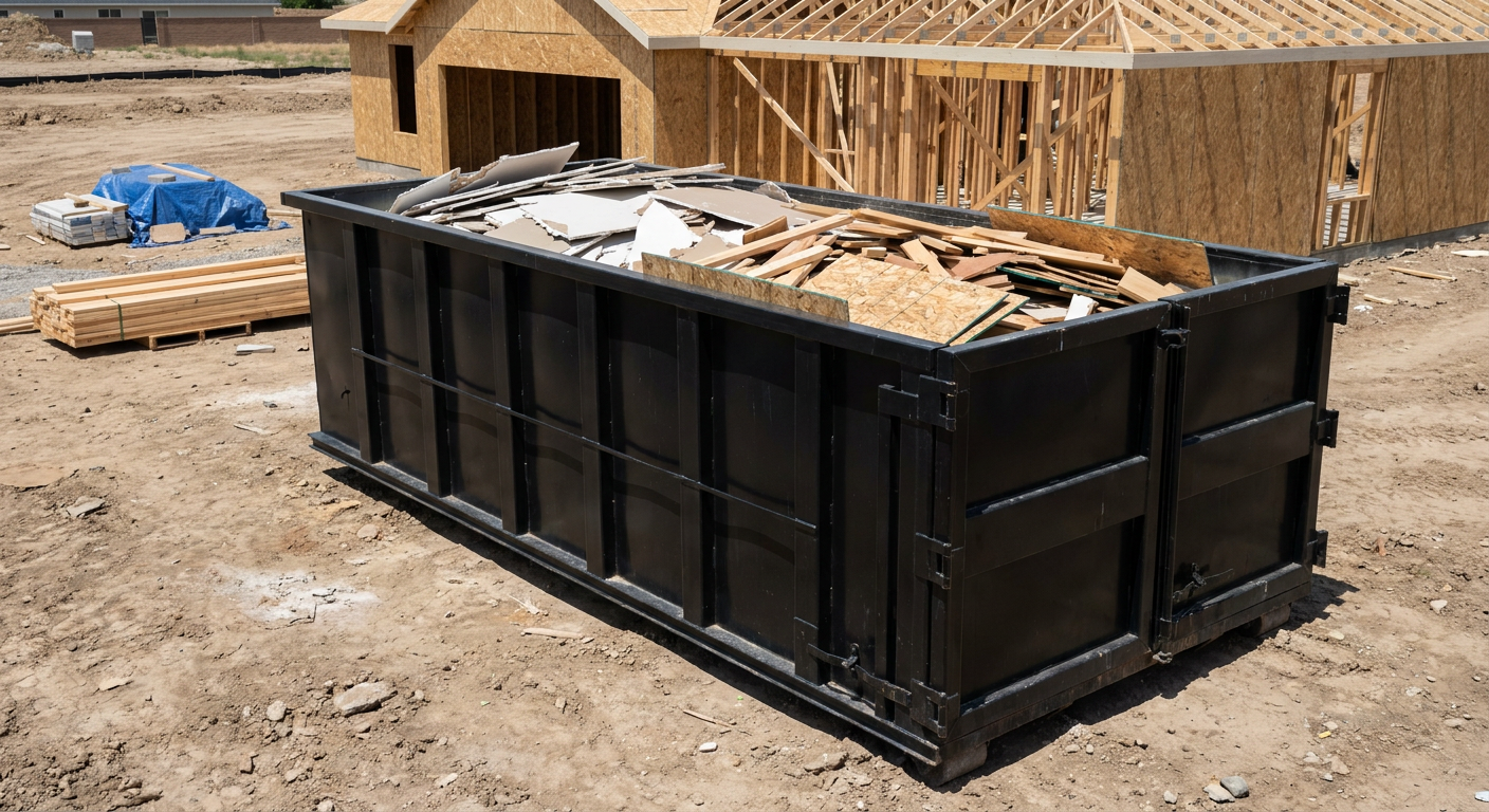 Matte-black 30-yard roll-off construction dumpster sitting directly on the compacted-dirt site of a framed single-family home build in Tuscaloosa, drywall and lumber scrap loaded inside.