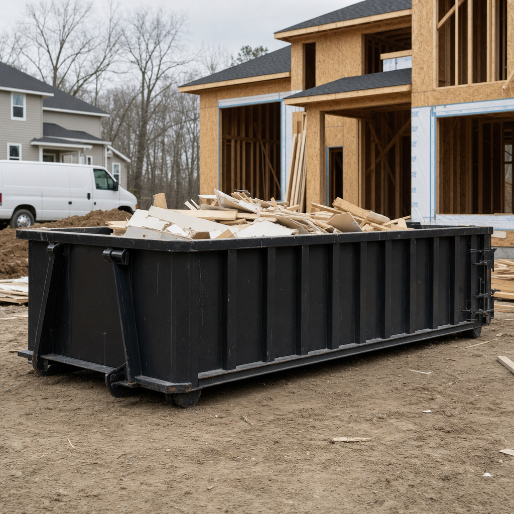 Worker in a yellow high-visibility vest tossing framing lumber and broken drywall into a matte-black 30-yard construction roll-off dumpster on an active build site in Tuscaloosa, bright daylight