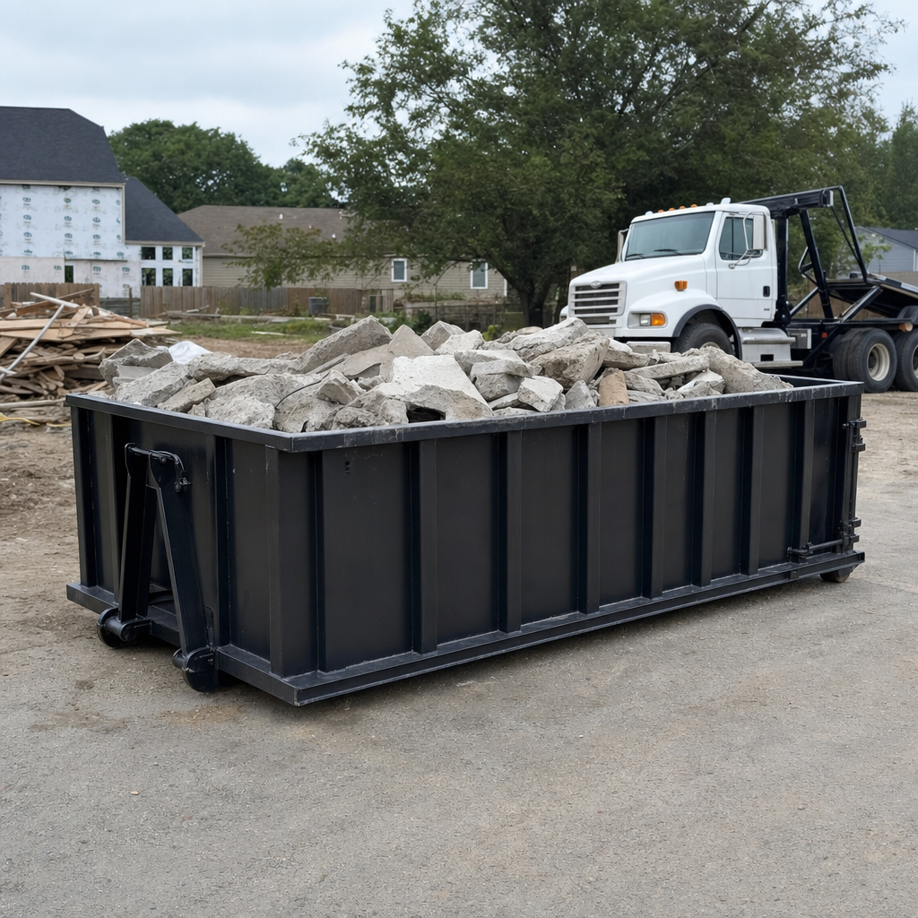 Low-profile matte-black lowboy roll-off dumpster loaded with broken concrete slab and rebar at a foundation tear-out in Tuscaloosa, skid steer parked beside it, sunny Colorado morning