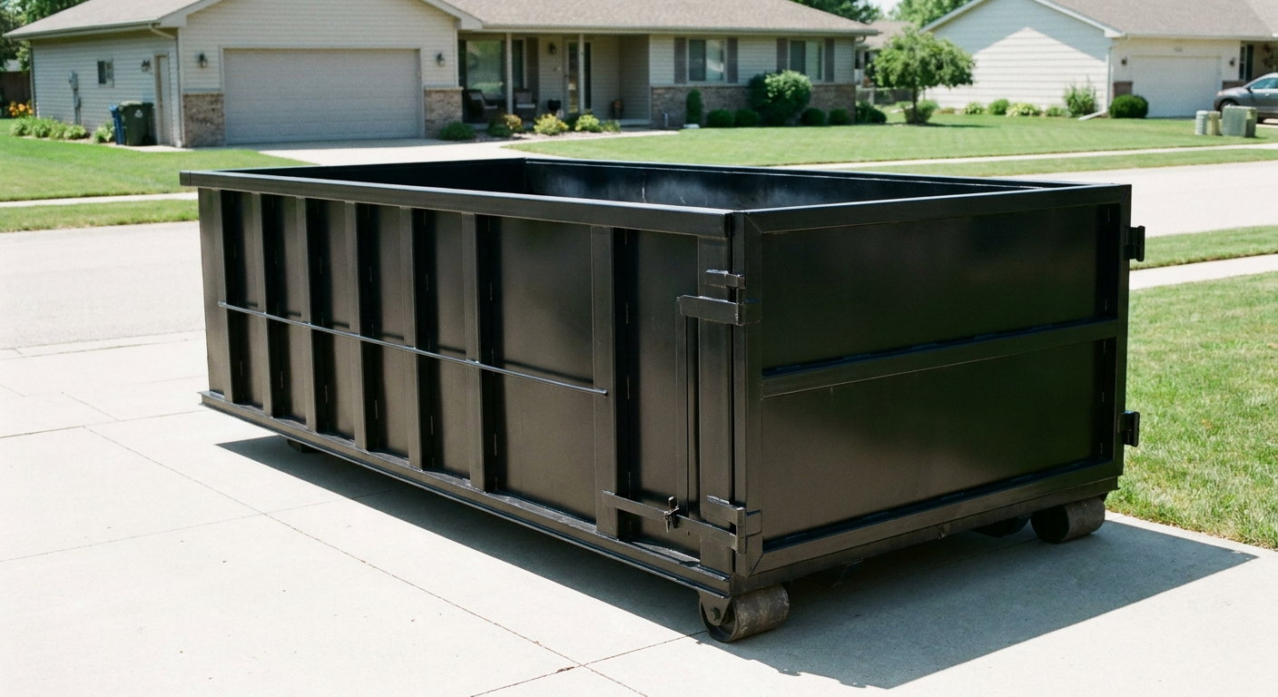 Matte-black 10-yard roll-off dumpster on a residential concrete driveway in Tuscaloosa, uniformly painted matte black across every panel and rail, ribbed steel sidewalls and rear swing door visible, mid-day daylight.