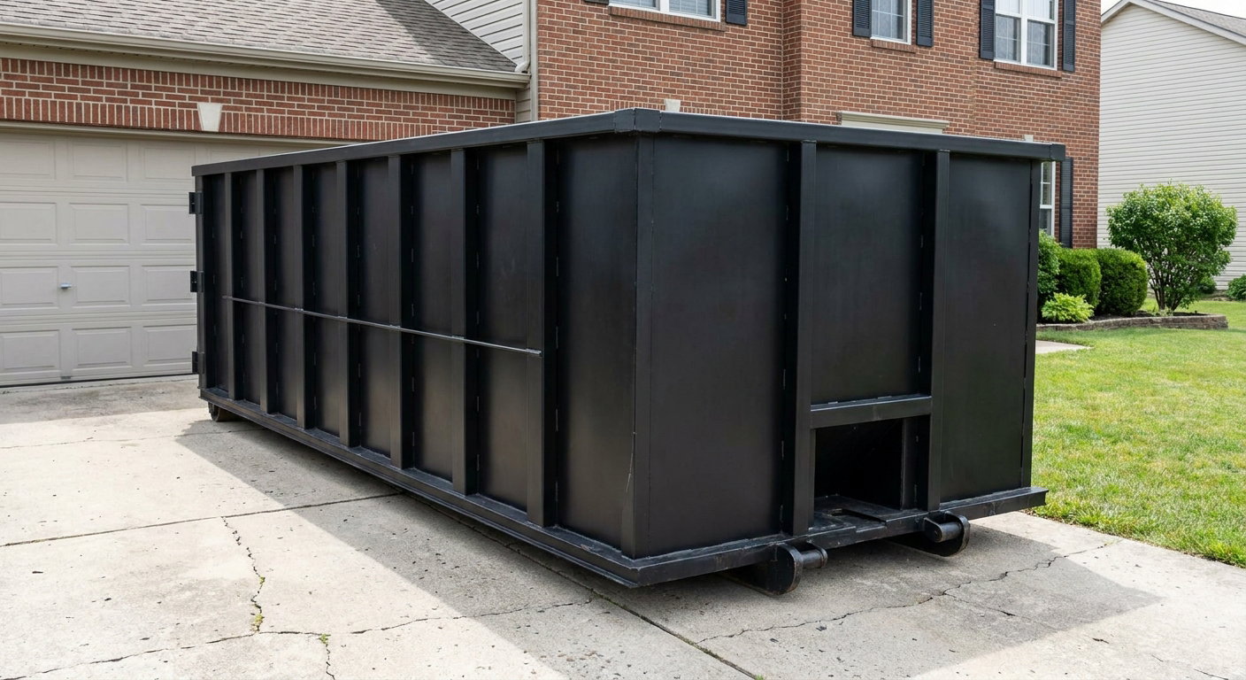Matte-black 20-yard roll-off container on a Tuscaloosa residential concrete driveway with reinforced ribbed steel sidewalls and a hinged rear walk-in door, clean bright daylight.