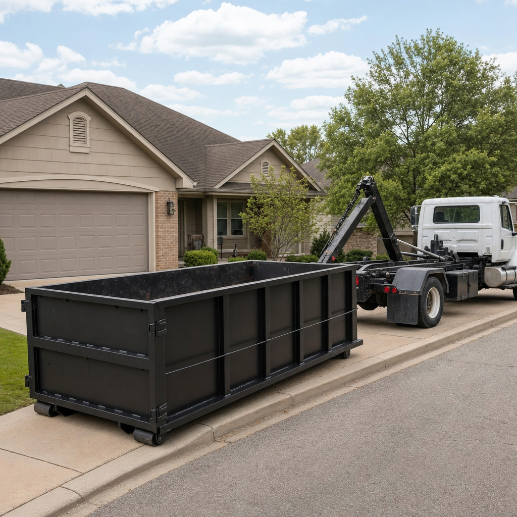 Wide documentary shot of a matte-black roll-off dumpster on a Tuscaloosa residential driveway in the foreground and a contractor jobsite container in the soft-focus background, bright daylight, calm and orderly composition.