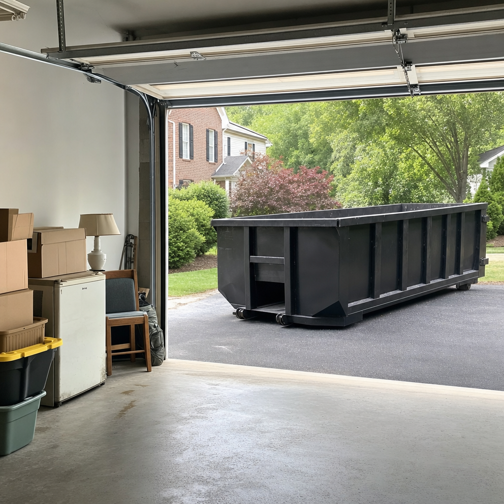 Open garage interior in a Tuscaloosa home mid-cleanout — boxed items, an old appliance, and stacked yard tools queued near the driveway for a matte-black roll-off dumpster, organized and calm