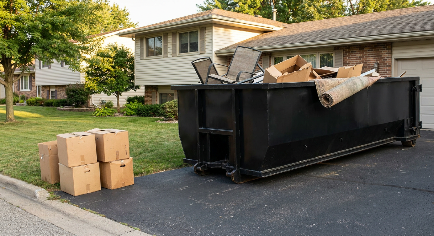 Front-yard view of a Tuscaloosa split-level home with a 20-yard matte-black roll-off dumpster sitting directly on the asphalt driveway, a few clearly labeled donation boxes staged at the curb, calm sunny afternoon.