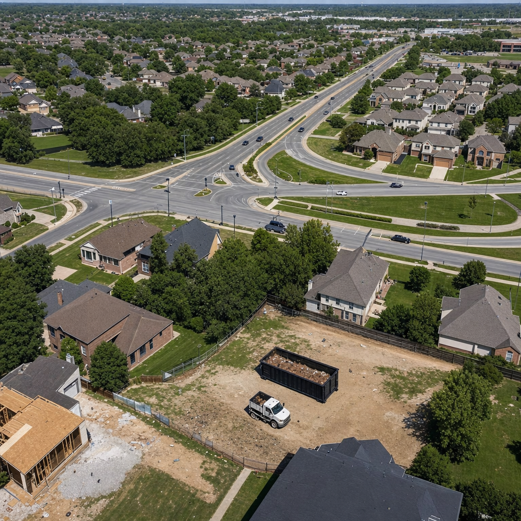 An overhead documentary view of the Tuscaloosa metro area at midday, showing the spread of neighborhoods, arterial roads, and the dispatch radius from a central yard — clean daylight, organized geographic layout.