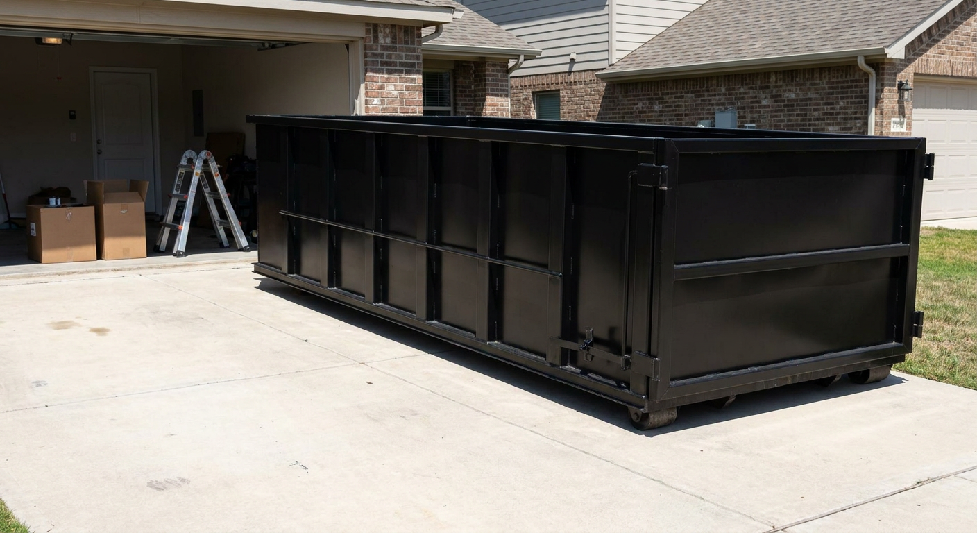 A matte-black 10-yard roll-off dumpster sitting directly on a residential Tuscaloosa concrete driveway, mid-day sunlight, clean and ready for a garage cleanout.