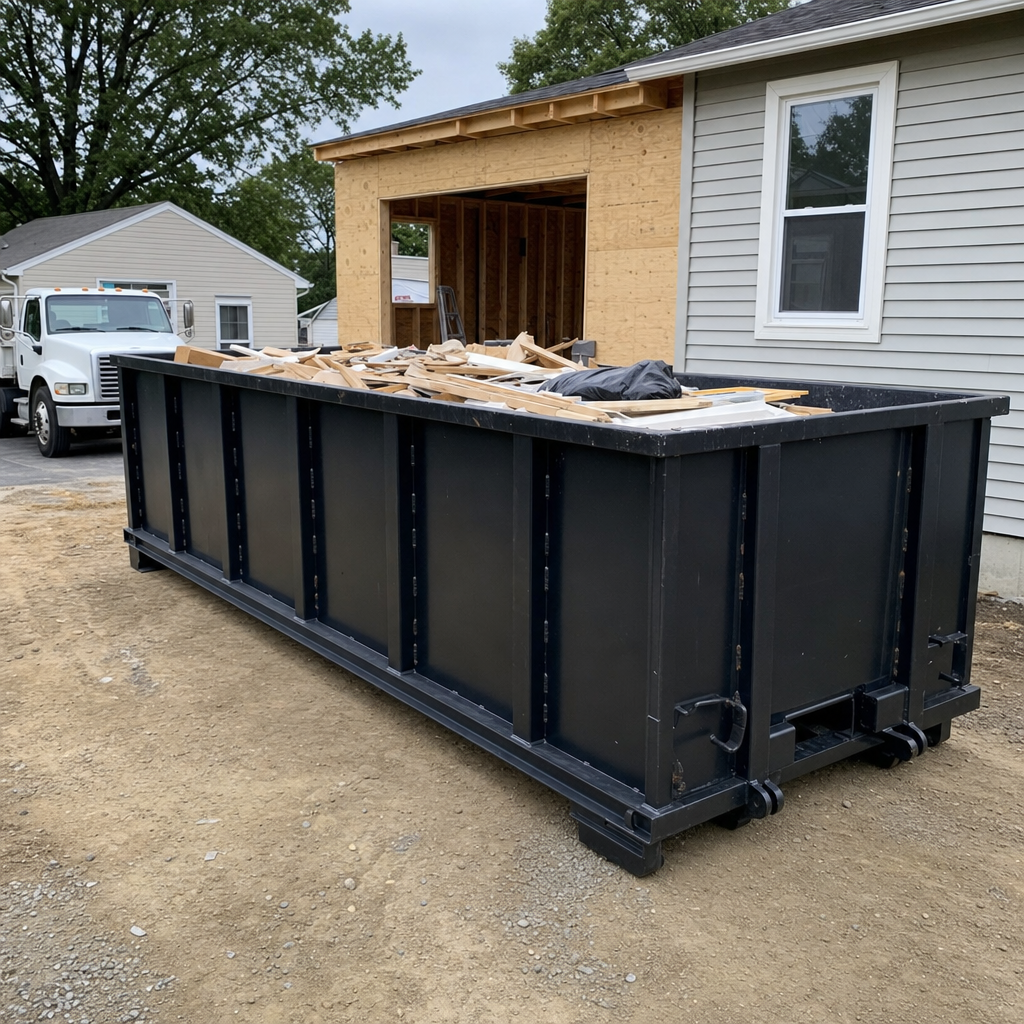 A matte-black 30-yard roll-off dumpster positioned at a Tuscaloosa residential addition jobsite, with framing lumber and drywall scraps loaded through the open swinging rear doors.