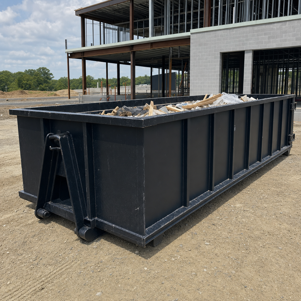 A matte-black 40-yard roll-off dumpster staged on a large Tuscaloosa commercial construction lot, with a hooklift delivery truck parked alongside under bright midday sky.